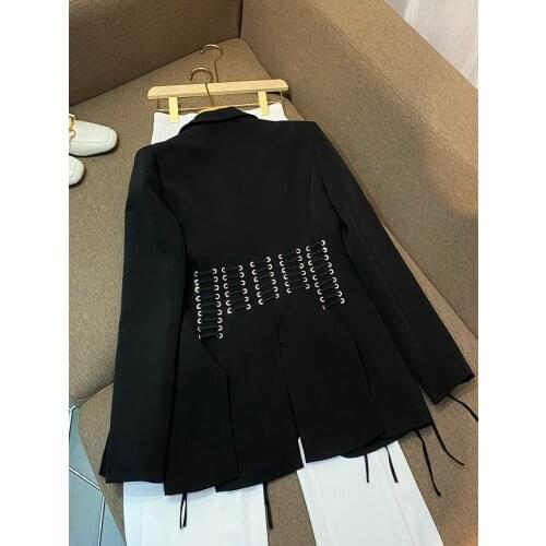 The best 2019 autumn and winter black personality metal hole cross tie rope slim fit slit one button long sleeve suit jacket se