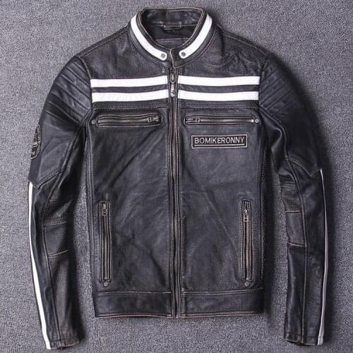 Mens Genuine Leather Motorcycle Jacket Slim Fit Stand Collar Cowhide Short Clothing White stripes Biker Coat Winter