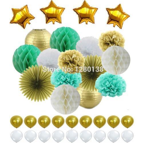 Mint White Gold Paper Crafts Tissue Honeycomb Balls Lanterns Paper Pom Poms Flower Fan Latex&Foil Balloon for Birthday Wedding