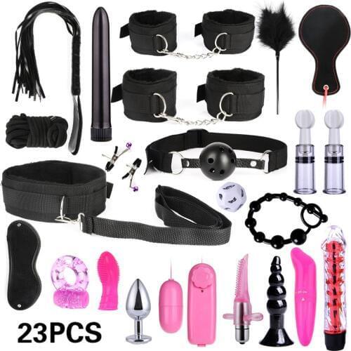 BDSM Bondage Set Sex Toys for Adults Whip Handcuffs Ankle Cuffs Vibrator Anal Plug Gag Rope Blindfold Couple Erotic Products