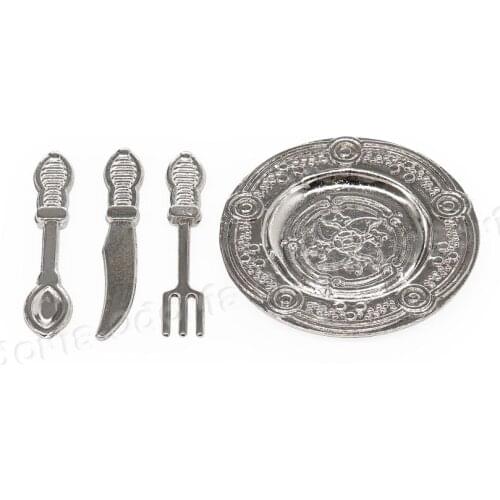 Odoria 1:12 Miniature 4PCS Vintage Silverware Set Knife Spoon Fork Dish Cutlery Tableware Kitchen Dollhouse Accessories Decor