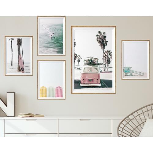 Surf Poster Set Pastel Beach Decor Pink Surfboard California Beach Surfer Print Van Coastal Wall Art Pictures For Living Room