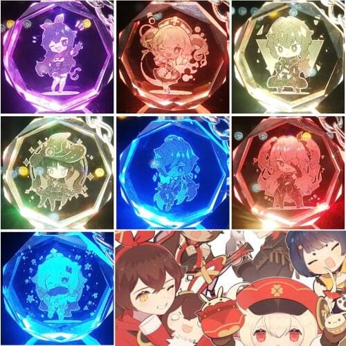 2021 new Genshin Impact anime fan peripheral colorful automatic luminous crystal keychain gift box small pendant