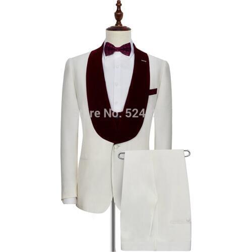 Newest Groomsmen Ivory Groom Tuxedos Shawl Velvet Lapel Men Suits Wedding Best Man Blazer ( Jacket+Pants+Bow Tie+Vest ) C201