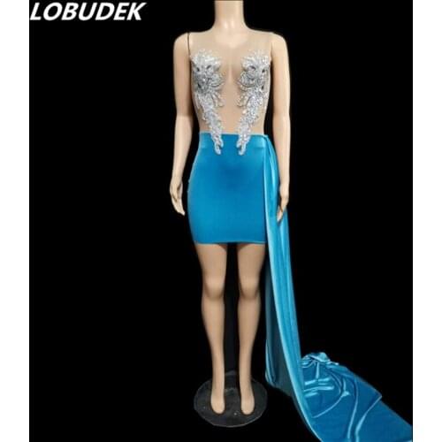 Sexy Fashion Mesh Transparent Blue Velvet Rhinestones Skinny Dress Women Evening Party Birthday Prom Singer Host Stage Costume