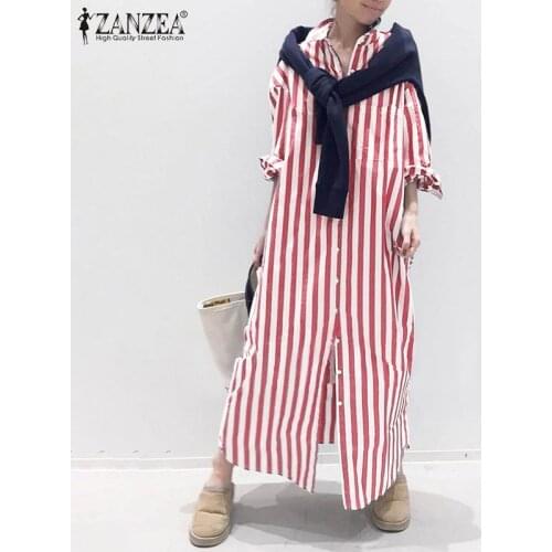 ZANZEA 2021 Women Striped Shirt Dress Fashion Casual Lapel Sundress Long Sleeve Maxi Vestidos Female Button Long Robe Oversize 7