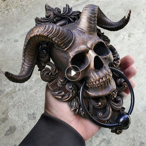 Horned Skull Statues Hanging Door Knocker Vintage Iron Shofar Heavy Duty Gothic Doorknocker Door Handle Perfect Decoration Home