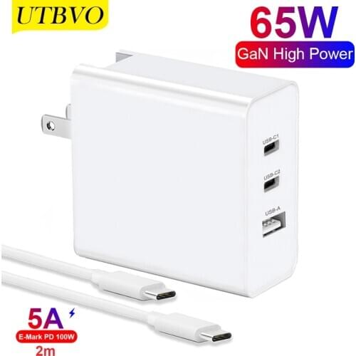 UTBVO 65W 3-Port USB C Wall Charger [GaN Tech], Type C PD3.0 Fast Charging Travel Adapter, Power Delivery for MacBook, iPhone 12