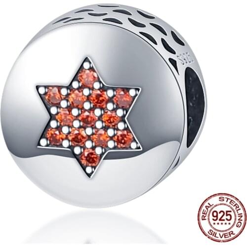 925 Sterling Silver Orange Crystal Five-Pointed Star Round Bead Charms Fit Original Bracelet&Bangle Making Fashion Jewelry Women