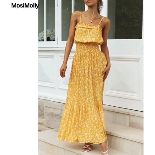 MosiMolly Chic Floral Dress Women Boho Beach Dress Strap Midi Dress Ruffle Dress