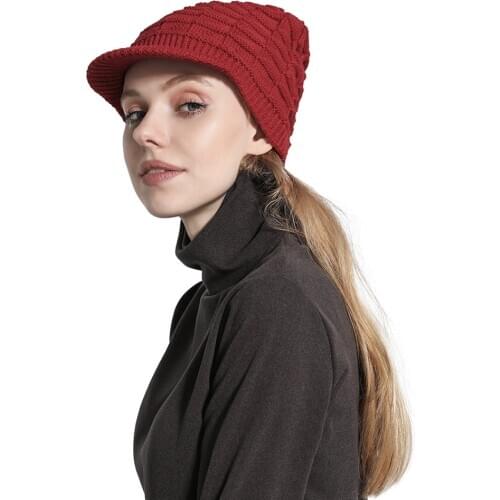 WomenS Beanie Hat With Visor Winter Warm Slouchy Cap Solid Color Casual Knit Hats Pleated Ski Knitted Hat With Brim Hot