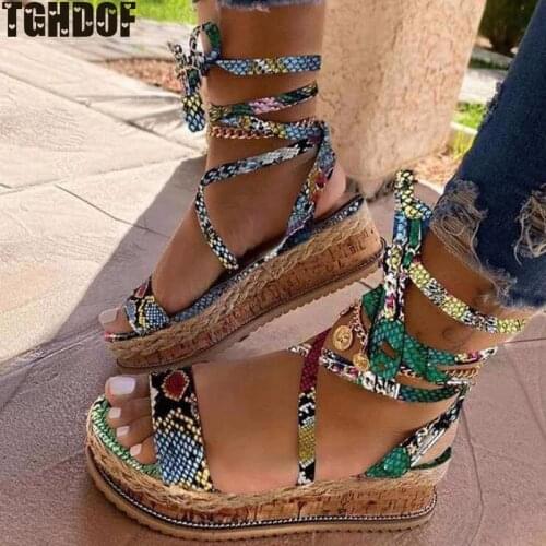 New Summer Women Snake Sandals Platform Heels Cross Strap Ankle Lace Peep Toe Beach Party Ladies Shoes TGHDOF Sandals