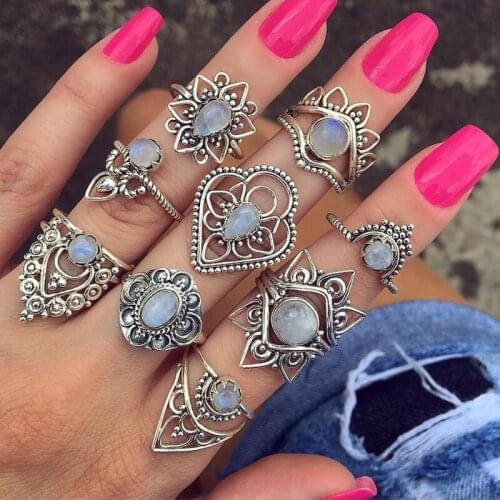 2021 New Bohemian Retro Water Drop Flower Sunflower Moon Sun Ring Hollow Carved Crystal Set Ring Fashion Jewelry for Women Gifts