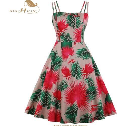 SISHION Cotton Swing Rockabilly 50s Vintage Dress VD1416 Floral Print Sexy Beach Women Plus Size Dress robe