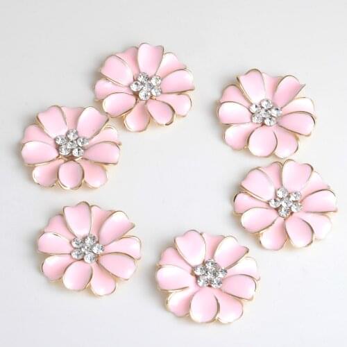 10pcs Metal Flower Rhinestone Buttons Flatback Embellishment Decor Pink DIY Handmade Scrapbook Craft Decorative