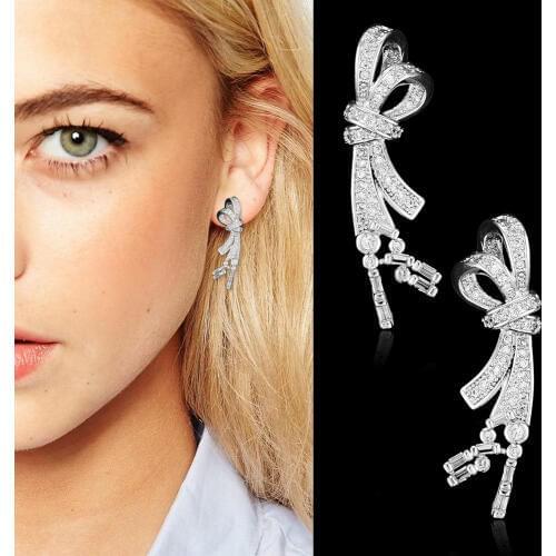 2019 Exquisite Brand Bow Cubic Zirconia Girls Earrings Fashion Gold/Rosegold Colors Stud korean Earrings for Women Gift