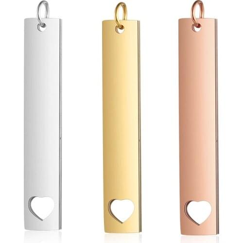3pcs/lot 100% Stainless Steel 7*40mm Blank Heart Bar Pendant For Necklaces