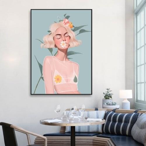 Abstract Modern Girl Flower Scandinavian Wall Art Canvas Painting Nordic Posters And Prints Wall Pictures For Living Room Decor