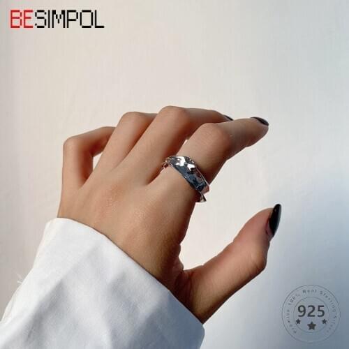 Besimpol 100% Real 925 Sterling Silver Ring Irregular Uneven Paw Shape Adjustable Open Rings For Women Fine Jewelry Party Gifts