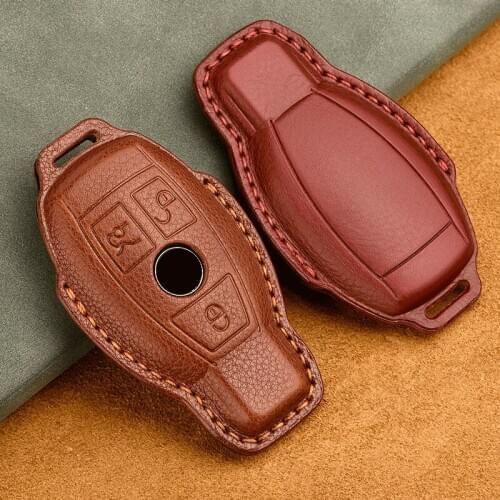 Genuine Leather Car Key Case Cover For Mercedes Benz W203 W210 W211 W124 W202 W204 W212 CLA GLC AMG Key Bag Holder Chain