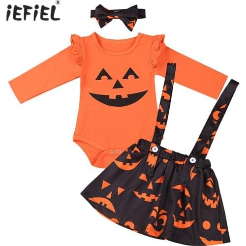 Newborn Baby Girls Halloween Outfit Long Sleeves Cartoon Pumpkin Printed Romper with Headband Skirt Adorable Halloween Party Set