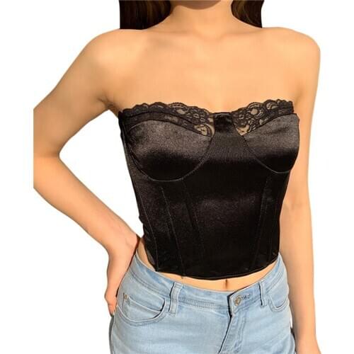 Off Shoulder Satin Lace Cupped Crop Tops for Women Zipper Tube Tops Sleeveless Backless Cropped Feminino Top Streetwear