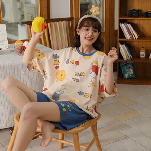 Summer Cartoon Pajamas Set Women Korean Blue O-Neck Cotton Sleepwear Mujer Plus Size Short Sleeve Nightwear Outdoor Home Wear