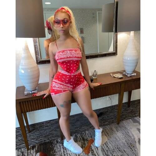 Summer Fashionable Women Outfits Clothing Casual Printed Bellyband Halter Sleeveless Bandana 2 Pieces Biker Short Set