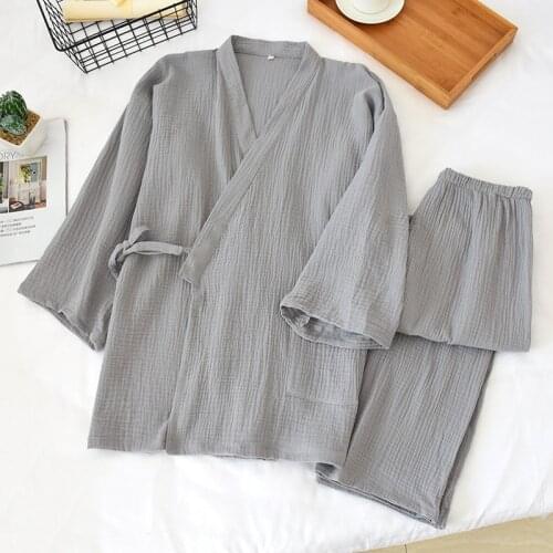 Men Long Sleeve Pajamas Spring V-Neck Cotton Solid Nightwear Plus Size Loose Sleepwear 2 Piece Lounge Set Gauze Kimono Suit 2021