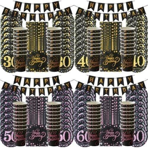 60/40/50/30th Birthday party decoration 49Pcs Disposable tableware suit Black golden Adult anniversary parties Paper plates cups