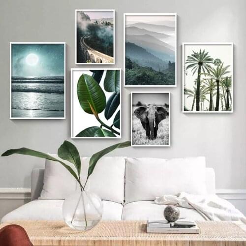 Nature Sunrise Plant Leaf Landscape Poster Lion Elephant Canvas Wall Art Print Nordic Tree Starry Night Picture Home Decor