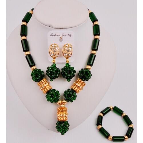 Latest Dark Green African Bead Necklace Crystal Nigerian Wedding Jewelry Sets for Women ZQ7-4
