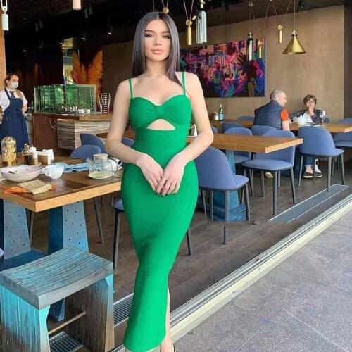 2021 New WomenS Sexy Wrapped Chest Hollow Open Back Split Bodycon Bandage Sling Dress Fashion Celebrity Party Club Dress