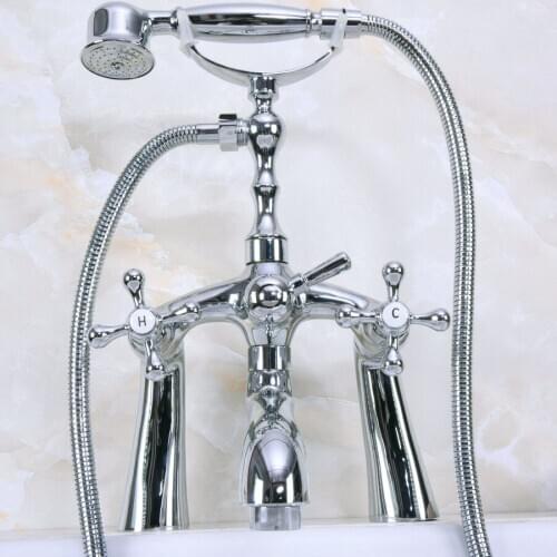 Polished Chrome Brass Deck Mount Bathroom Tub Faucet Dual Cross Handles Telephone Style Hand Shower Clawfoot Tub Filler ana120