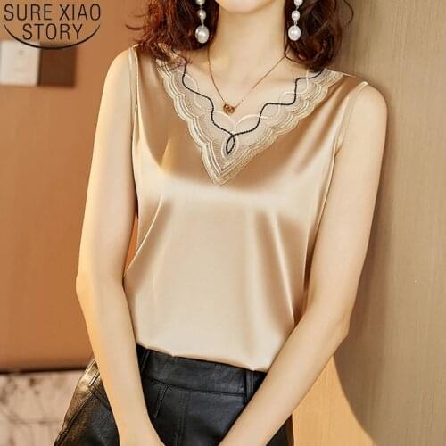 Plus Size Solid Silk Satin Blouse Women Sexy V-neck Embroidery Lace Women Tops Summer Casual Vintage Clothes New Blusas 13735