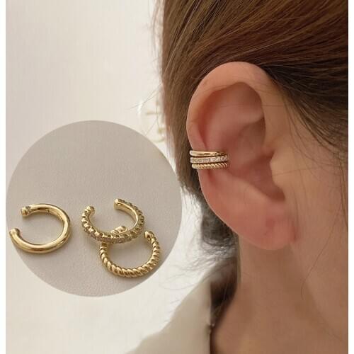 Korean Gold Silver Color Twisted Thread Circle Crystal Ear Cuff Earing Sets Women Kpop Letter C Earcuff Clip on Earrings Man