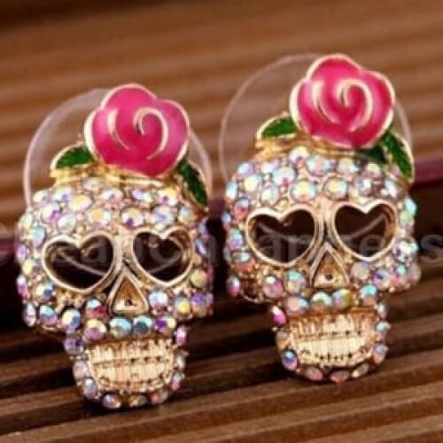 1 Pair Cute Pink Rose Rhinestone Skeleton Skull Ear Studs Earrings Jewelry