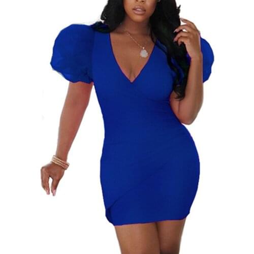 S-XXXL Womens V-neck Sexy Feminine Tight Formal Dress Puff Sleeve