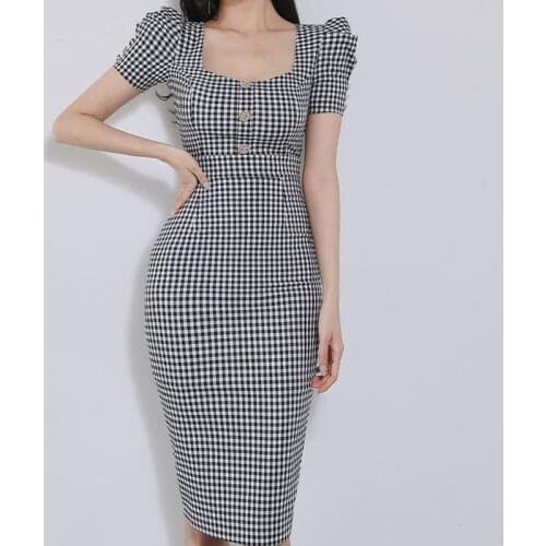 Fashion Summer Casual Square Collar Bodycon Midi Party Dress Ladies OL Streetwear Vintage Puff Sleeve Plaid Split Pencil Dress