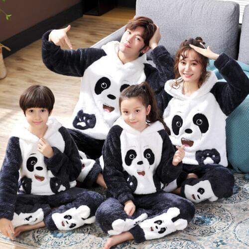 Winter Family Parent-Child Pajamas set Kids Flannel Pyjamas Thickened Plush Hoodie Long Sleeve Animal Panda Women Men Homewear