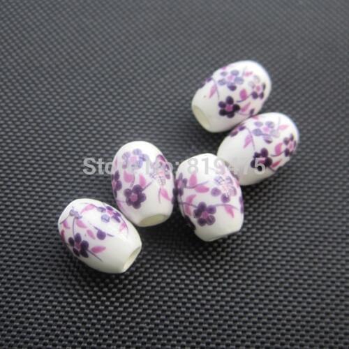 28Pieces Oval Ceramic Beads 10.4mm*8mm Purple Blossom for jewelry making