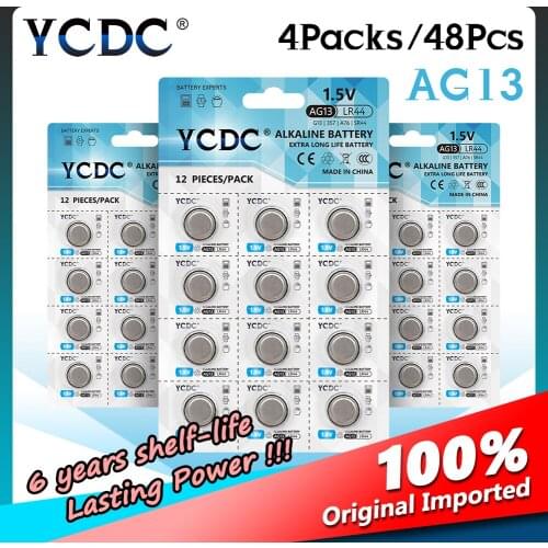 YCDC 48Pcs/4card AG13 Cell Button Batteries 1.5V LR44 L1154 RW82 RW42 SR1154 SP76 A76 357A Battery Coin For Watchs Toys