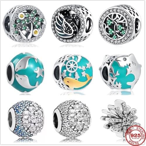 NEW Summer Ocean Whale Dolphin Shark Swan Coconut Zirconia Charm Beads Fit Pandora Charms Silver 925 Original Jewerly Bracelet