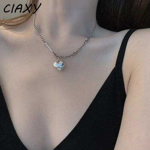 CIAXY 925 Sterling Silver Retro Heart Pendant Necklaces Women Simple Love Choker Asymmetry Clavicle Chain Ins Jewelry
