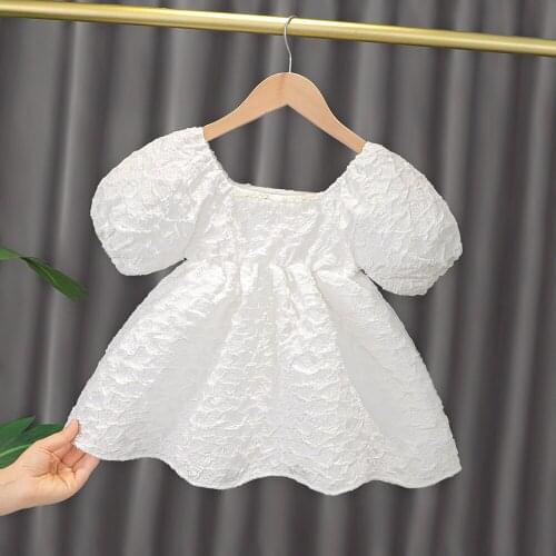 Summer 2021 Childrens Puff Sleeve O Neck Solid Princess Birthday Party Baby Girls Tutu Pleated Dress Vestidos