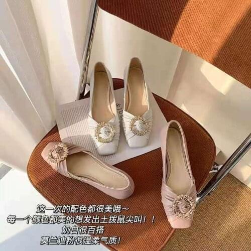 Elegant Crystal metal buckle flats woman ballerina office ladies shoes square toe loafers cozy soft pu leather bowknot moccasins