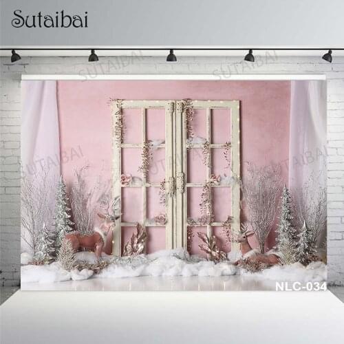 Christmas Winter Snow Backdrops for Photography Reindeer Pink Flowers Tree Rustic White Wood Door Decor Studio Photo Backgrounds