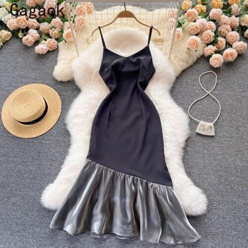 Gagaok Women Cami Dress 2021 Summer New V-Neck Spaghetti Strap Ruffles Formal Mermaid Midi Party Dresses Fashion Chic Vestidos