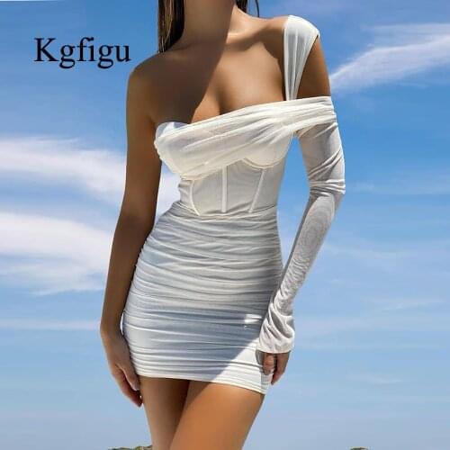 KGFIGU Good Quality Dresses For Women 2021 Summer New Arrival Ladies One-Shoulder Long-Sleeved Solid Color Sexy Bodycon Dress