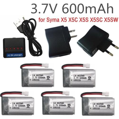 5PCS For Syma X5 X5C X5S X5SC X5SW 3.7V 600mAh Lipo Battery Pack + 5 in1 charger for RC quadcopter Remote controlled aircraft